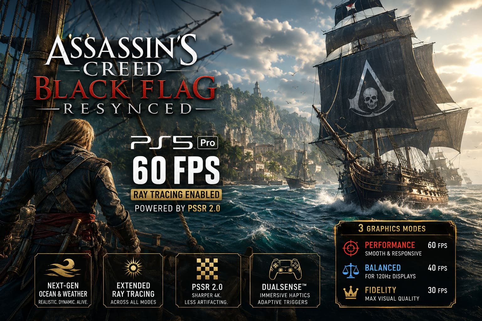 Assassin’s Creed Black Flag Resynced PS5 Pro Optimization Explained: 60 FPS Ray Tracing, PSSR 2.0, and Performance Modes Assassin’s Creed Black Flag Resynced PS5 Pro Optimization Explained: 60 FPS Ray Tracing, PSSR 2.0, and Performance Modes