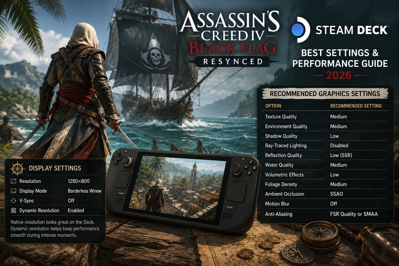 Assassin’s Creed Black Flag Resynced Steam Deck: Best Settings & Performance Guide (2026) Assassin’s Creed Black Flag Resynced Steam Deck: Best Settings & Performance Guide (2026)