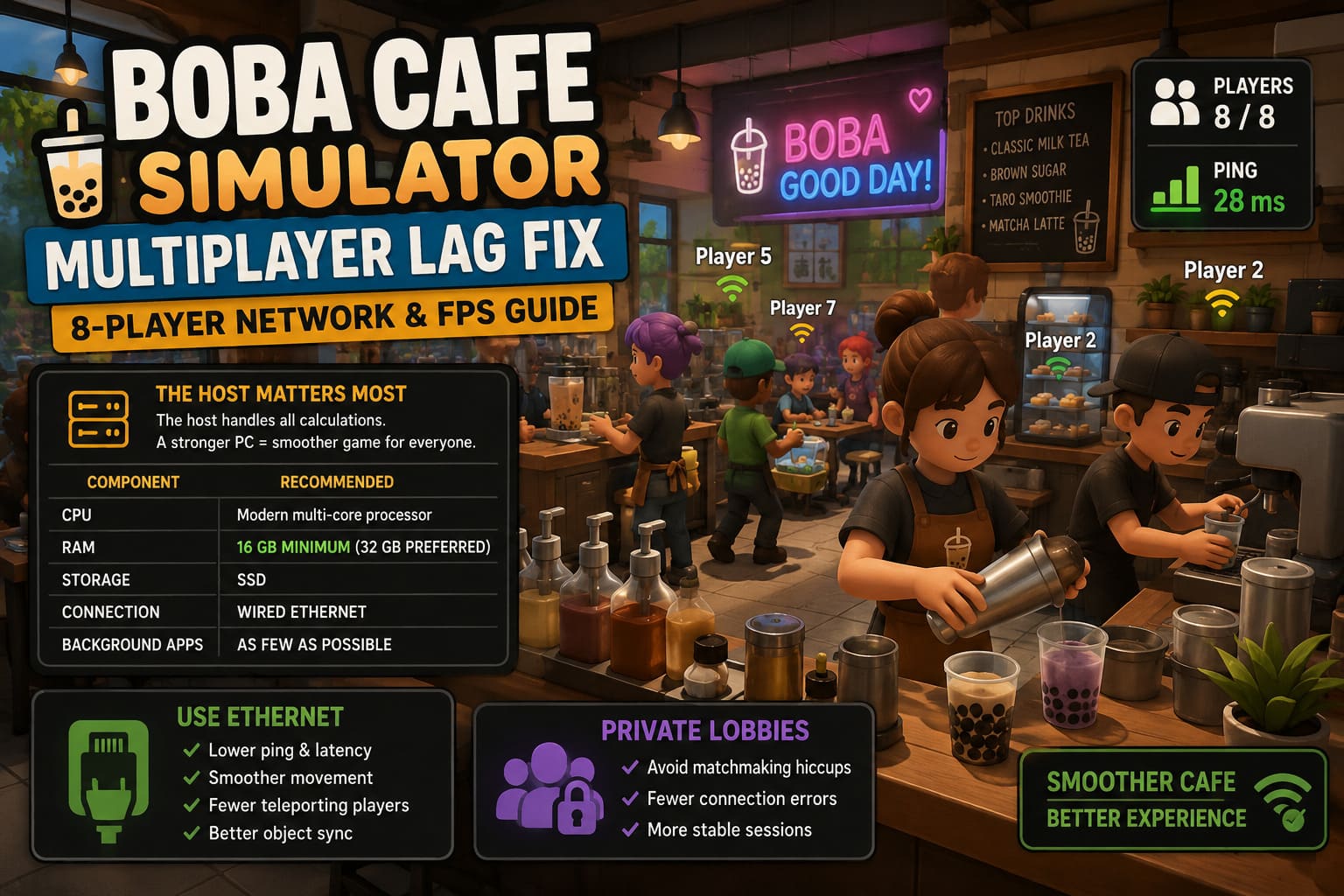 Boba Cafe Simulator Multiplayer Lag Fix: How to Fix 8-Player Network Lag and Low FPS (2026 Guide) Boba Cafe Simulator Multiplayer Lag Fix: How to Fix 8-Player Network Lag and Low FPS (2026 Guide)
