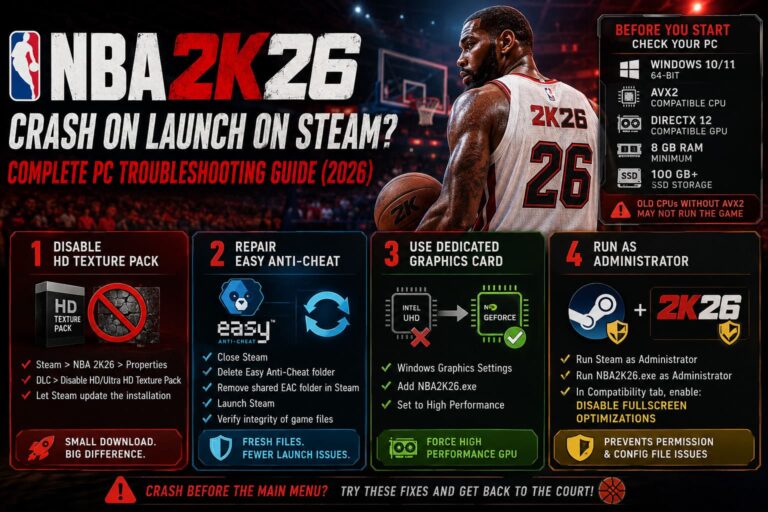How to Fix NBA 2K26 Crash on Launch on Steam: Complete PC Troubleshooting Guide (2026) How to Fix NBA 2K26 Crash on Launch on Steam: Complete PC Troubleshooting Guide (2026)