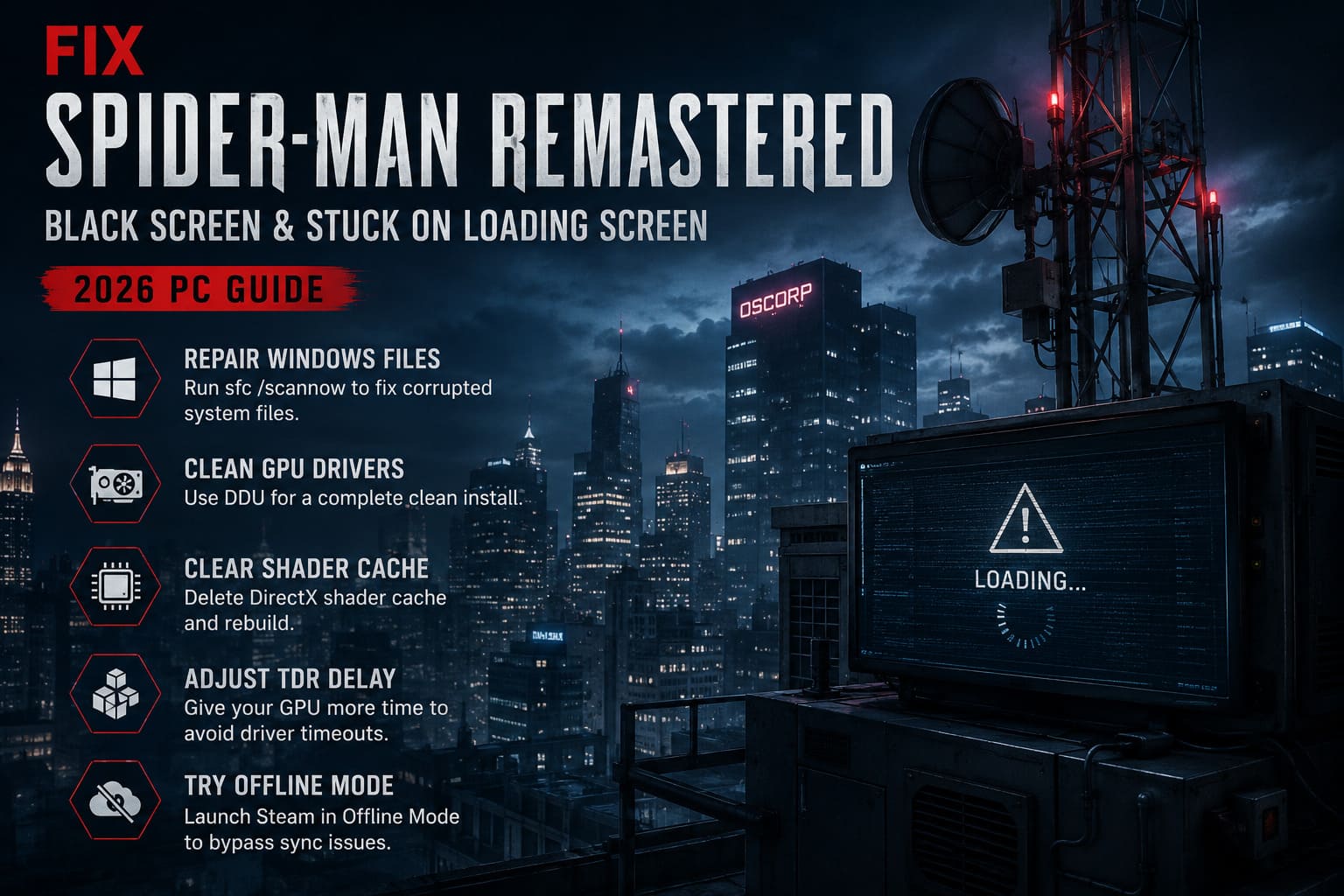 Fix Spider-Man Remastered Black Screen and Stuck on Loading Screen (2026 PC Guide) Fix Spider-Man Remastered Black Screen and Stuck on Loading Screen (2026 PC Guide)