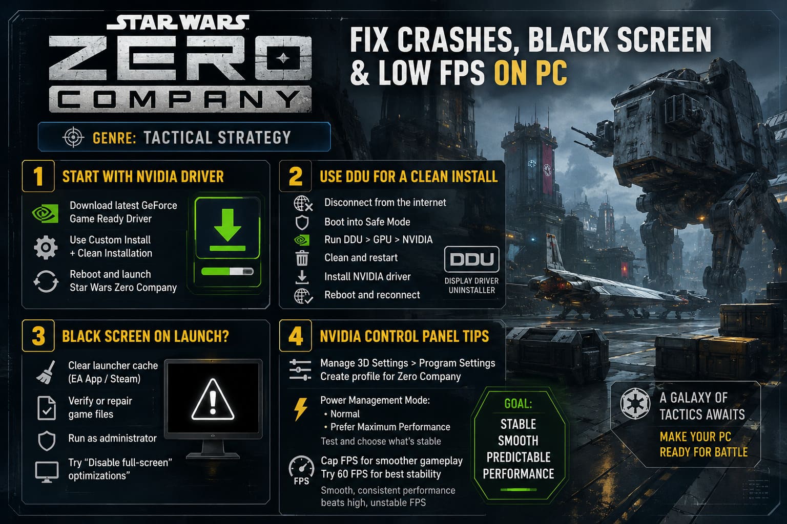 How to Fix Star Wars Zero Company Nvidia Driver Crashes, Black Screen, and Low FPS on PC How to Fix Star Wars Zero Company Nvidia Driver Crashes, Black Screen, and Low FPS on PC