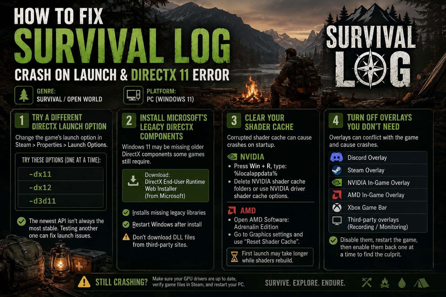 How to Fix Survival Log Crash on Launch and DirectX 11 Error on Windows 11 How to Fix Survival Log Crash on Launch and DirectX 11 Error on Windows 11