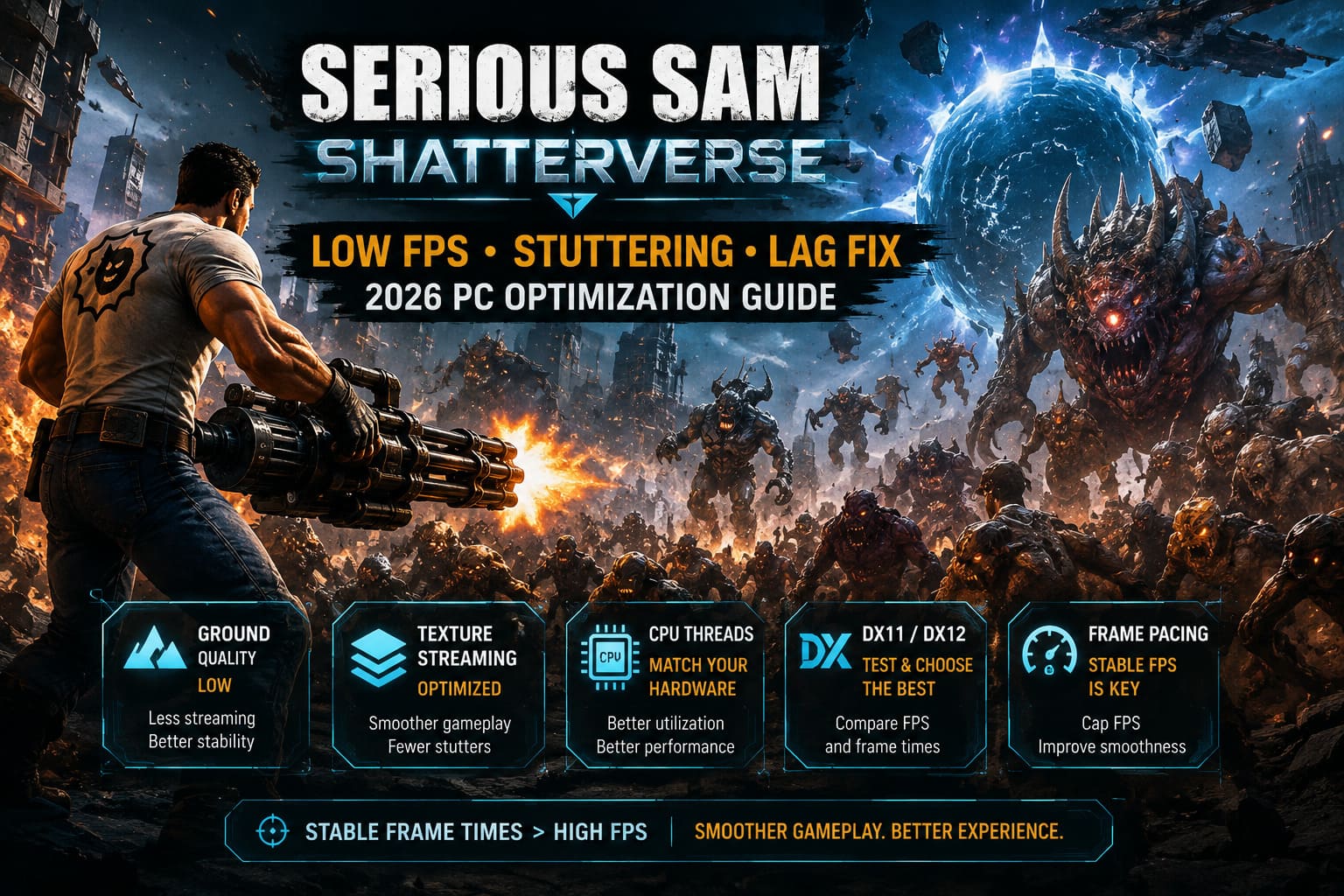 Serious Sam Shatterverse Low FPS, Stuttering & Lag Fix: 2026 PC Optimization Guide Serious Sam Shatterverse Low FPS, Stuttering & Lag Fix: 2026 PC Optimization Guide