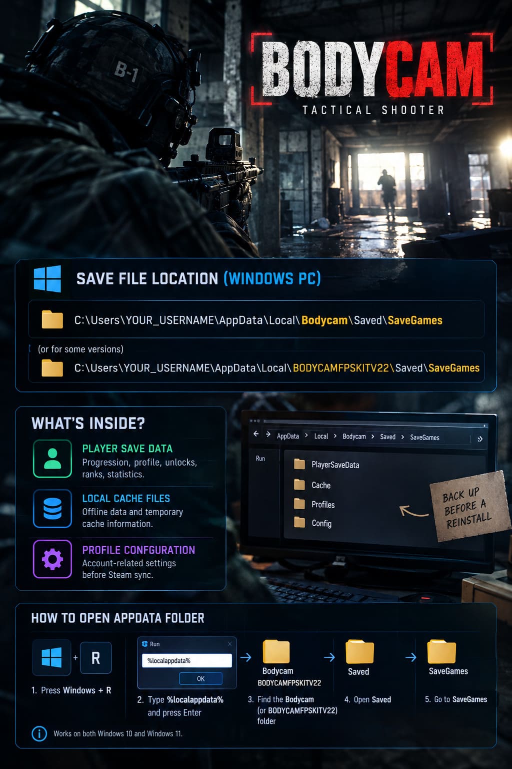 Bodycam Save File Location Guide: PC, Steam Cloud Config, & Fixes Bodycam Save File Location Guide: PC, Steam Cloud Config, & Fixes