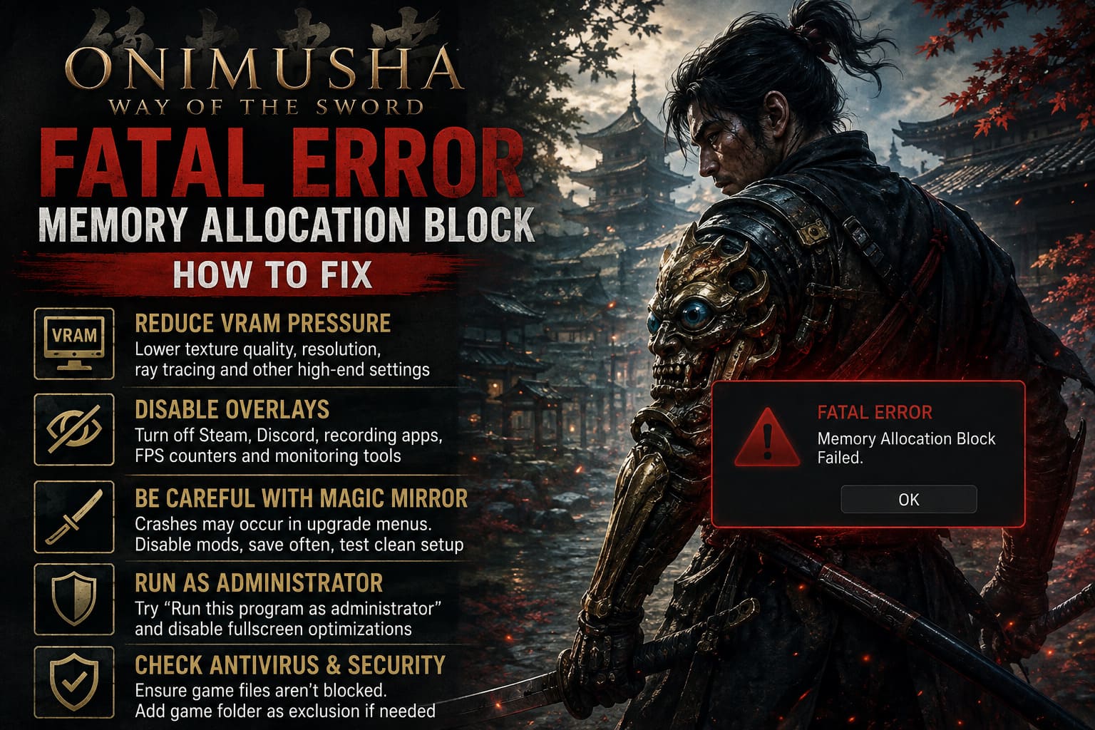 How to Fix Onimusha: Way of the Sword Fatal Error Memory Allocation Block How to Fix Onimusha: Way of the Sword Fatal Error Memory Allocation Block