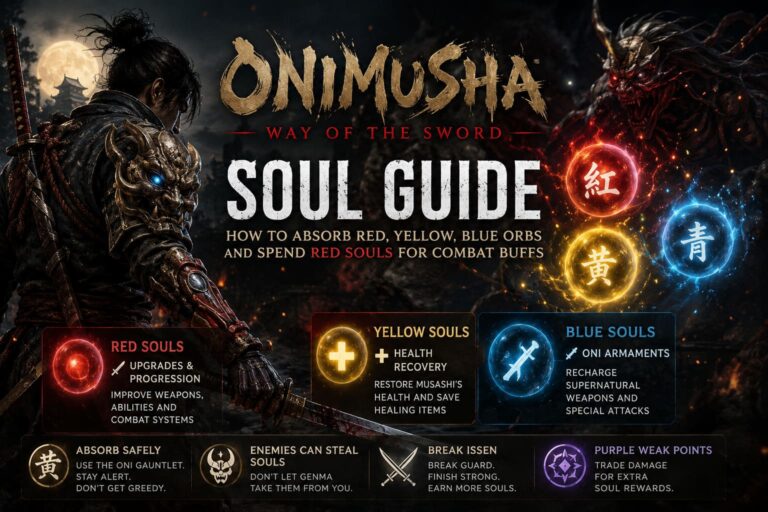 Onimusha Way of the Sword Soul Guide: How to Absorb Red, Yellow, Blue Orbs and Spend Red Souls for Combat Buffs